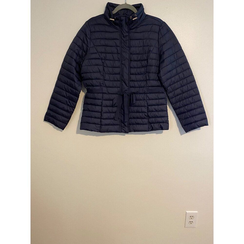 Sono Womens Navy Puffer Jacket L Drawstring Waist Gold Zipper Outdoors Cozy
